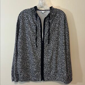 J. JILL FIT floral Black, White & Teal Zip-Up Hoodie Lightweight Pockets Sz M